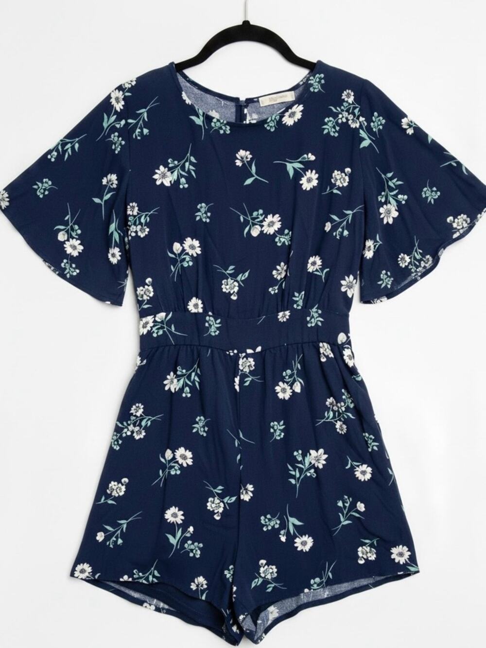 Active USA Sz M Navy Blue Romper with Mint White Floral Print | GUC